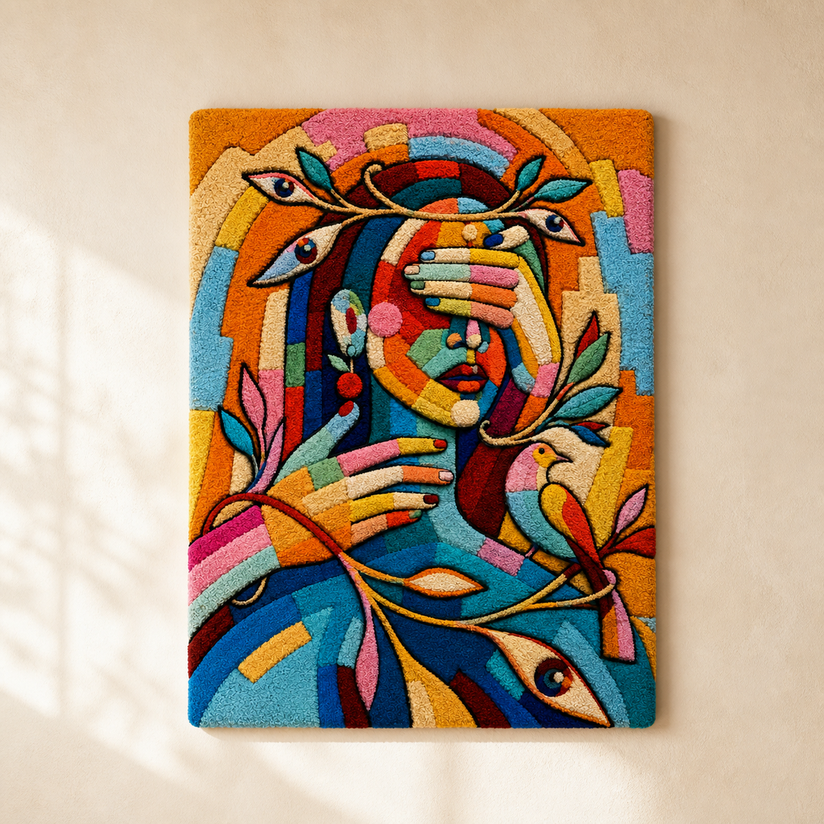 Colorful Chromatic Embrace wall art by Hewn Earth, featuring vibrant abstract design on a canvas.