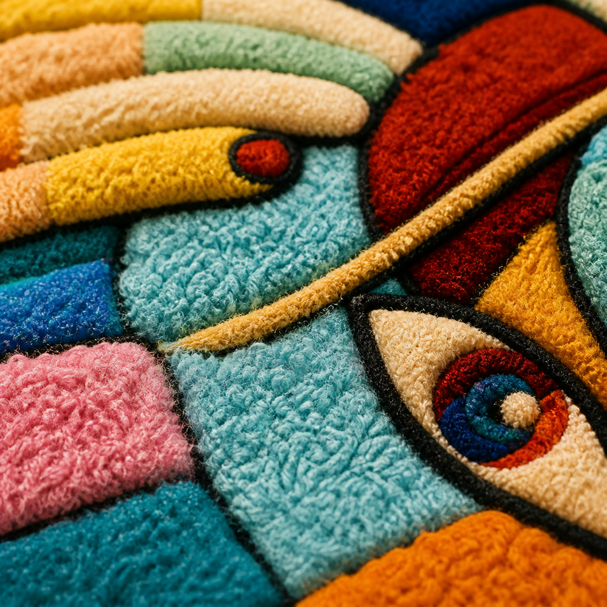 Close-up of Hewn Earth Chromatic Embrace wall art showing vibrant, textured abstract design on a wall.