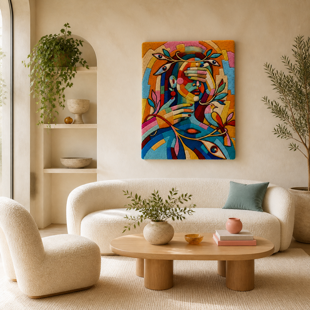 Colorful Chromatic Embrace wall art by Hewn Earth featuring vibrant, abstract design on a canvas.