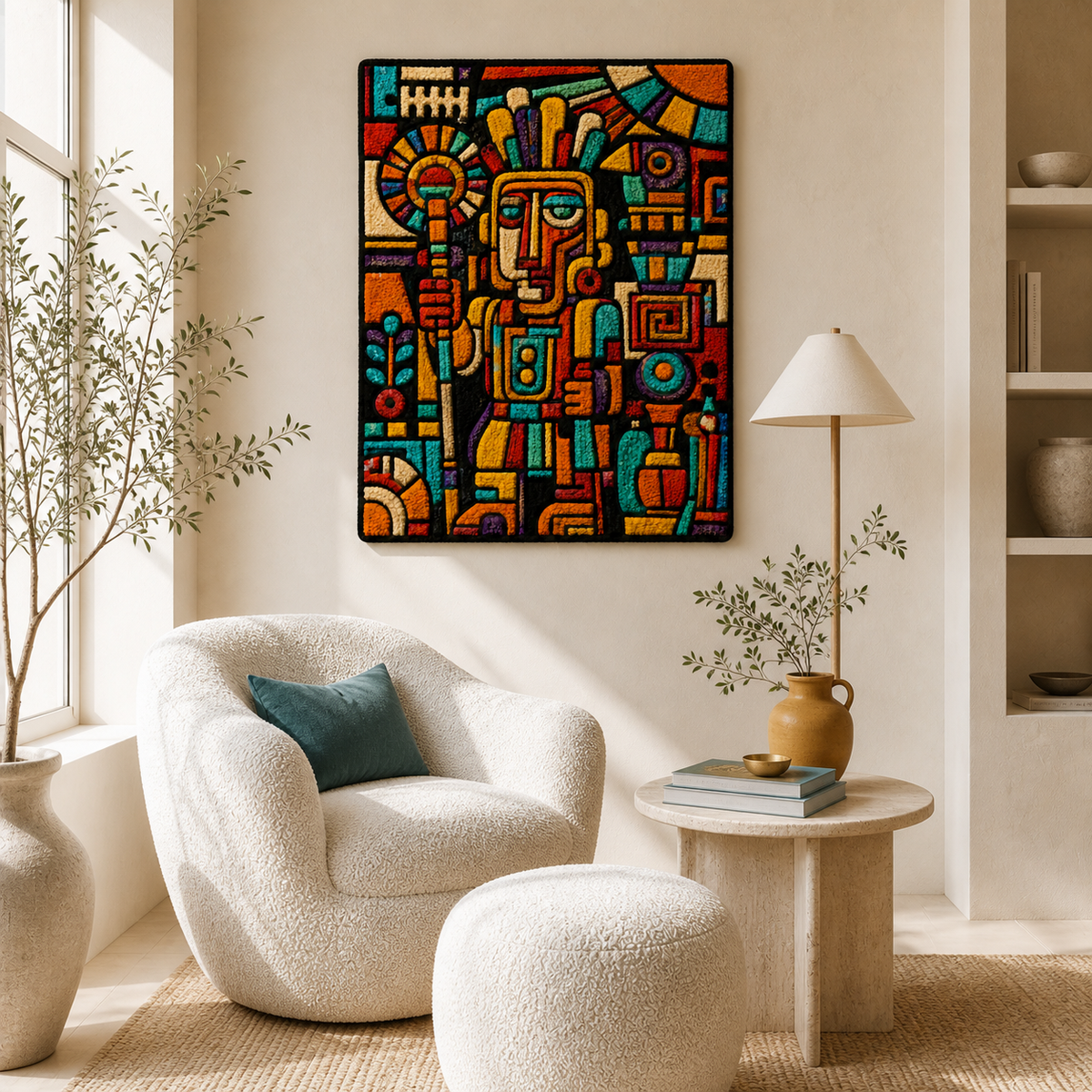 Hewn Earth Totem City wall art featuring vibrant, abstract cityscape design for modern home decor.