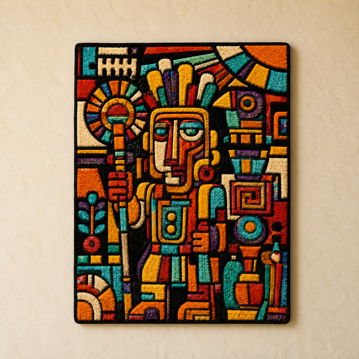 Hewn Earth Totem City wall art featuring colorful geometric designs on a white background.