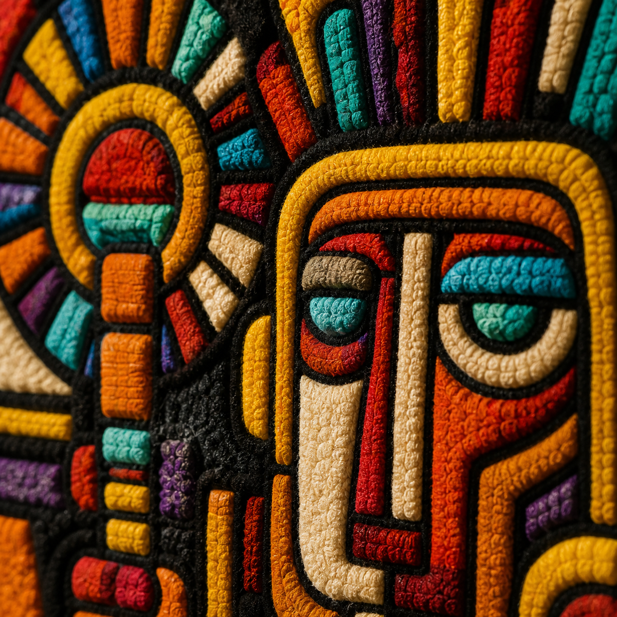 Close-up of Hewn Earth Totem City wall art featuring intricate patterns and earthy tones on a textured surface.