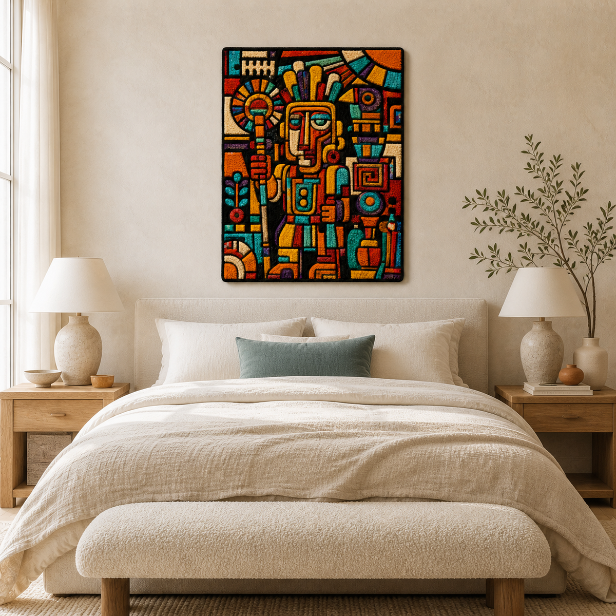 Hewn Earth Totem City wall art featuring vibrant, abstract cityscape design on a rectangular canvas.