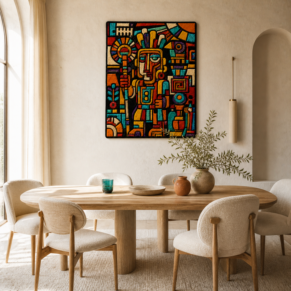 Hewn Earth Totem City wall art featuring intricate geometric designs in earthy tones, suitable for modern home decor.