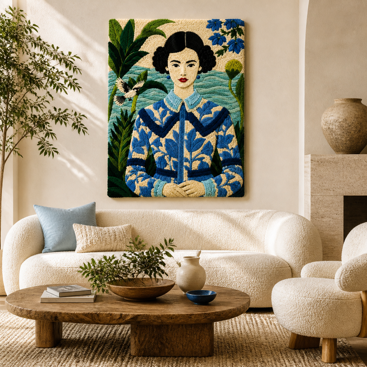 Blue garden wall art by Hewn Earth featuring a vibrant floral portrait for home decor.