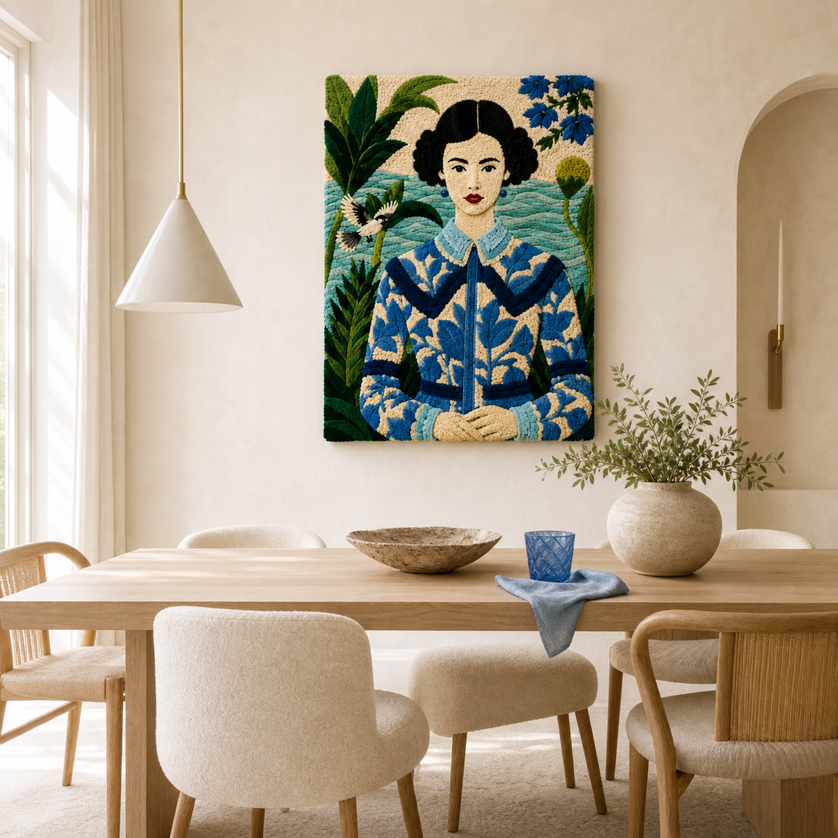 Blue garden portrait wall art by Hewn Earth featuring vibrant floral and greenery details, suitable for decorating indoor spaces.