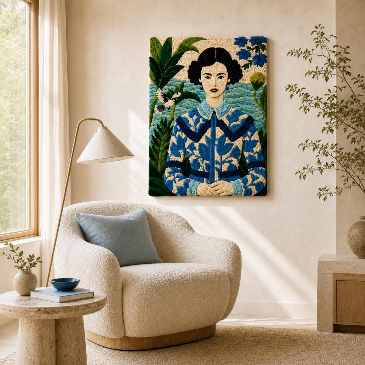 Blue garden portrait wall art by Hewn Earth featuring vibrant botanical design on a canvas.