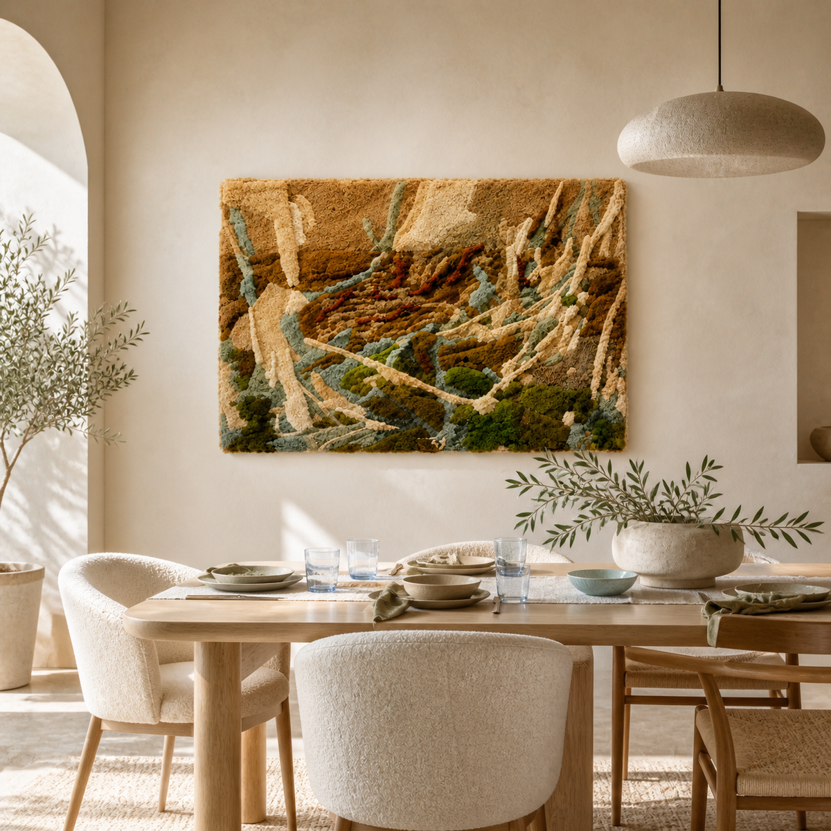 Woven Ravine wall art by Hewn Earth featuring textured woven design displayed on a wall in a modern room.