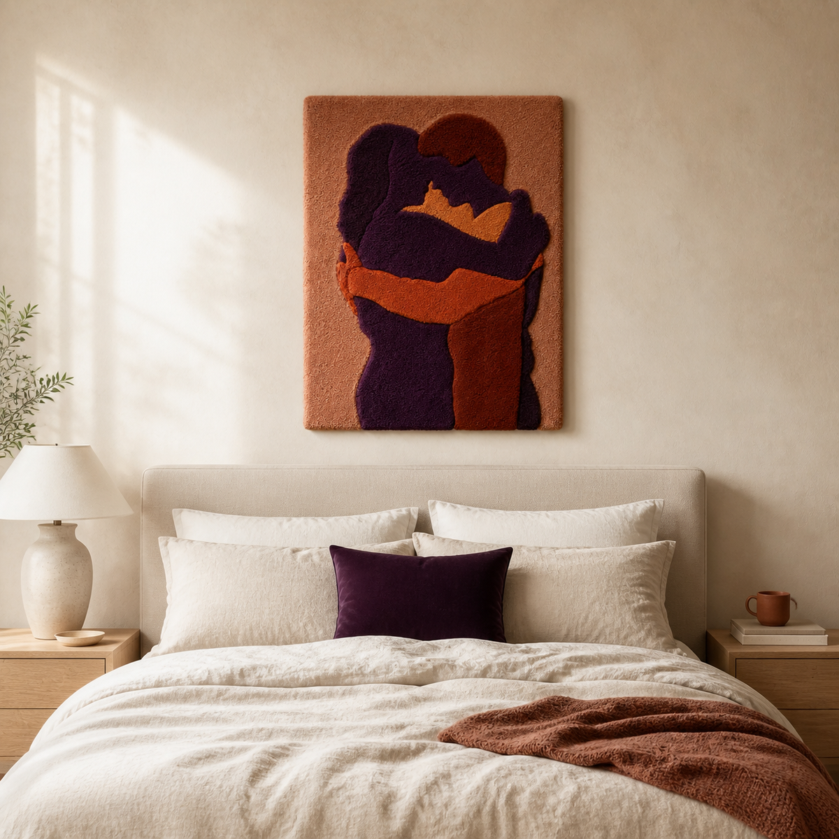 Hewn Earth Held Close wall art featuring a serene natural scene, displayed on a plain wall in a modern room setting.