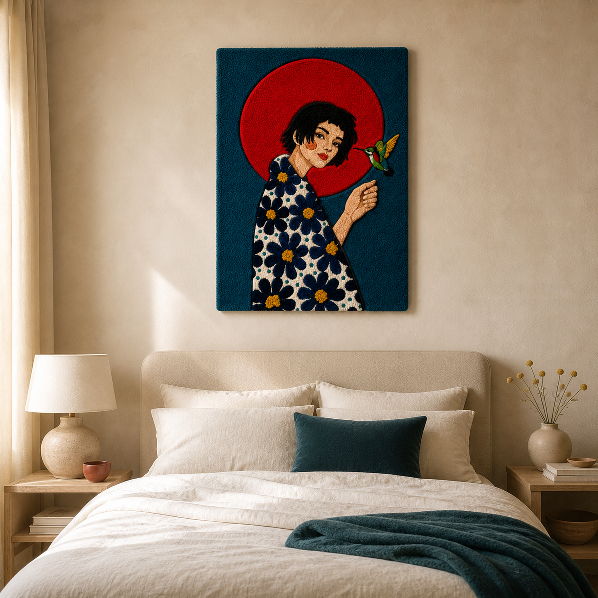 Hewn Earth Scarlet Flower Muse wall art featuring a vibrant red floral design on a neutral background.