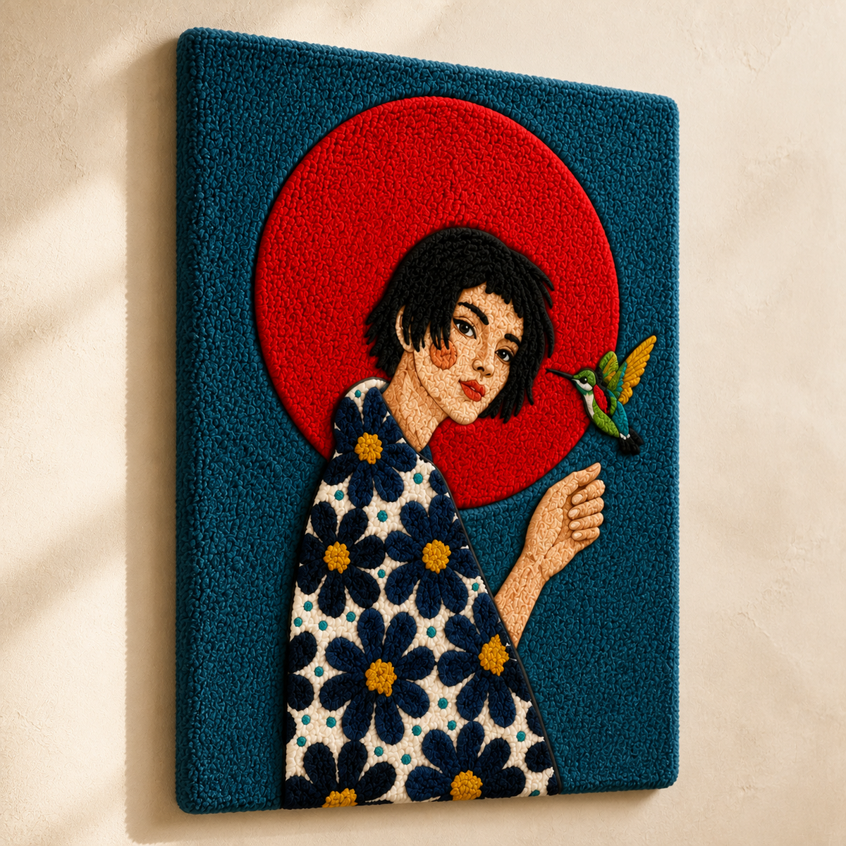 Hewn Earth Scarlet Flower Muse wall art featuring a vibrant red flower design on a neutral background.