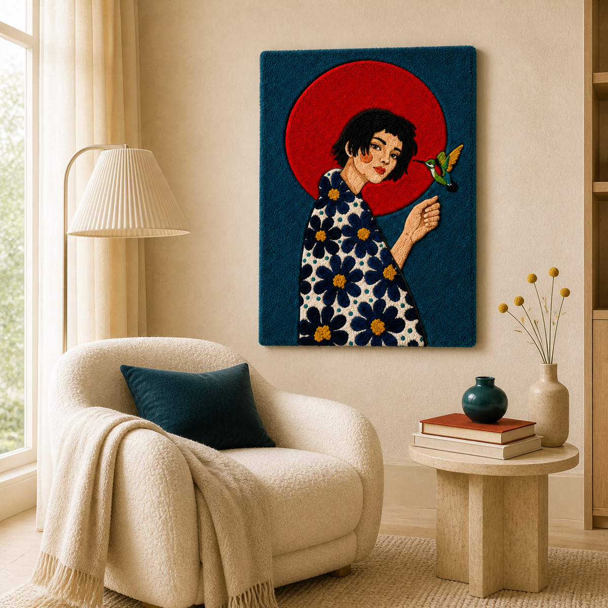 Hewn Earth Scarlet Flower Muse wall art featuring vibrant red flower design on a textured background