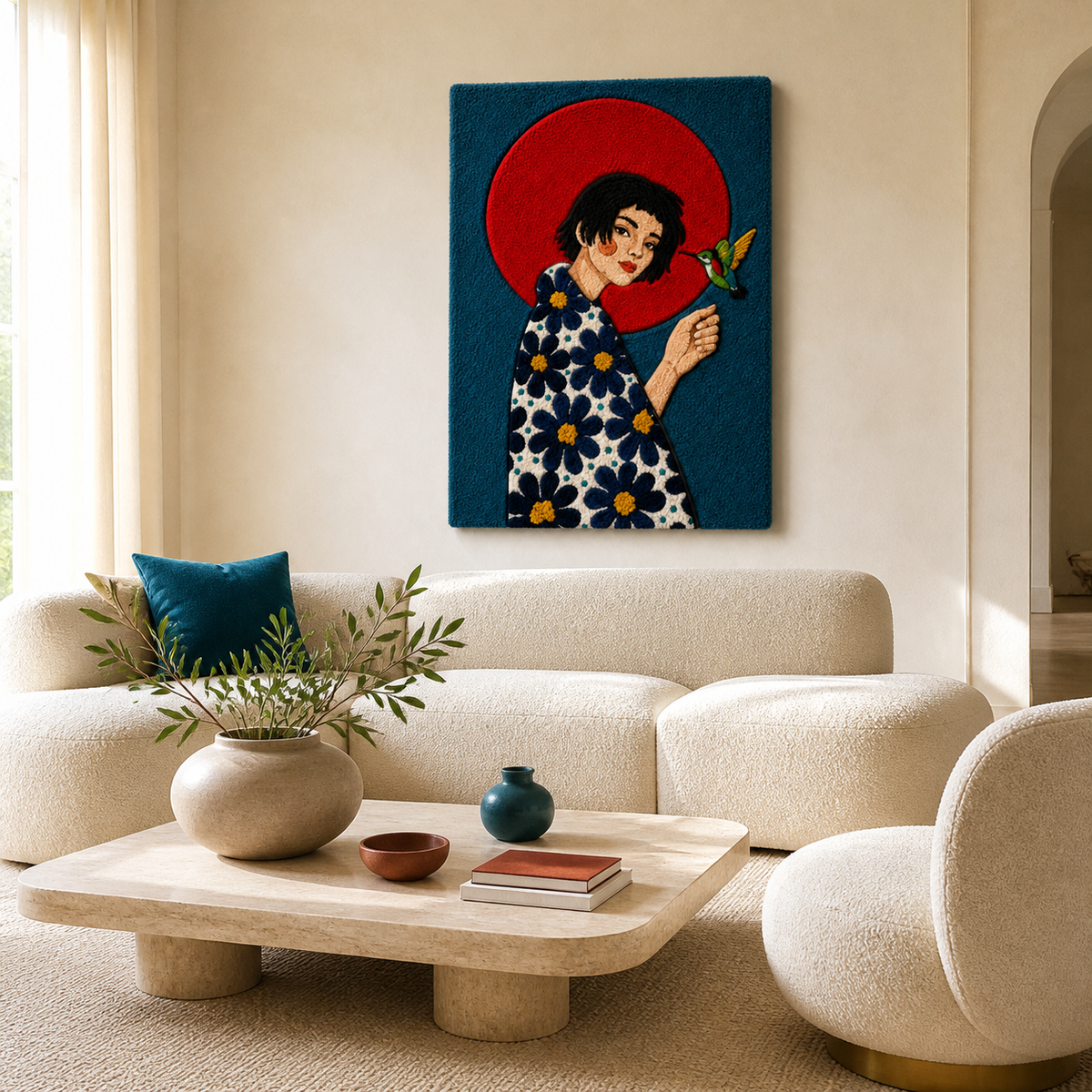 Hewn Earth Scarlet Flower Muse wall art featuring vibrant red flowers on a textured background, decorative home decor piece.