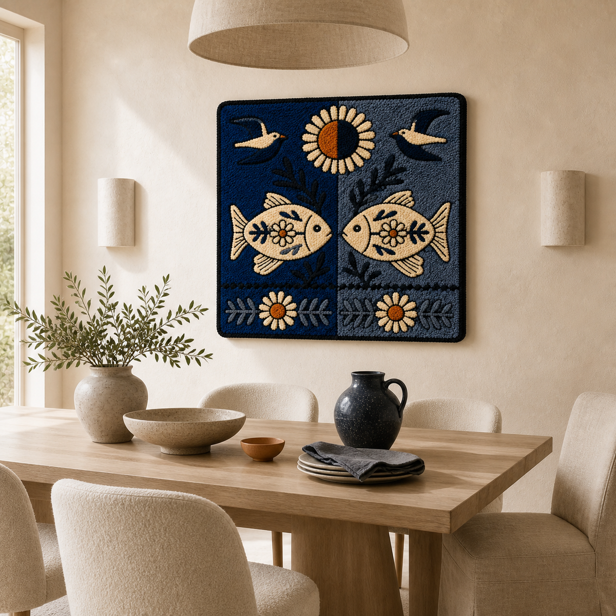 Hewn Earth Moon Fish Talisman wall art featuring a detailed moon and fish design on a neutral background.