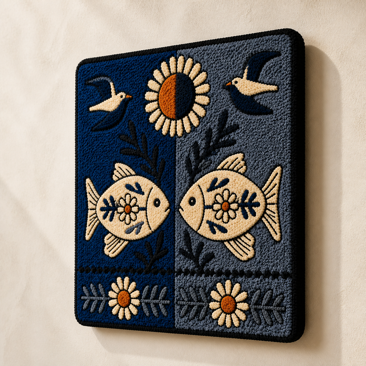 Hewn Earth Moon Fish Talisman wall art featuring a detailed fish-shaped design on a wooden background.