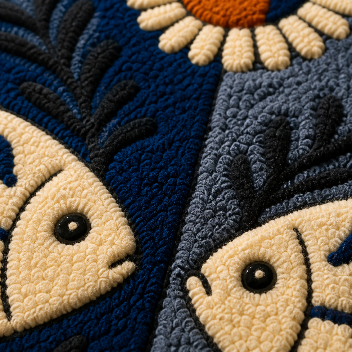 Detailed close-up of Hewn Earth Moon Fish Talisman wall art, showcasing intricate moon and fish design in natural tones.