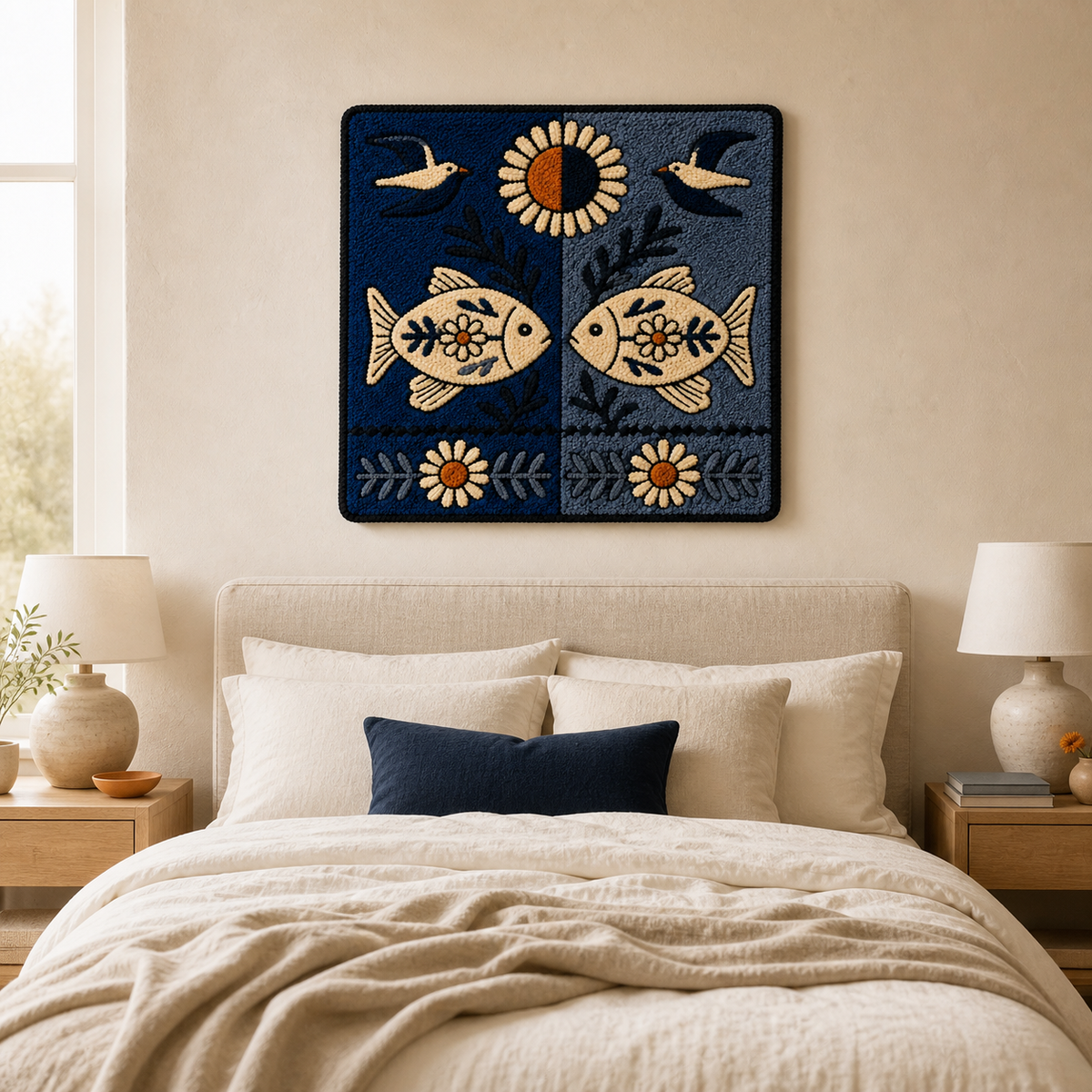 Hewn Earth Moon Fish Talisman wall art featuring a detailed illustration of a moon and fish symbols on textured surface