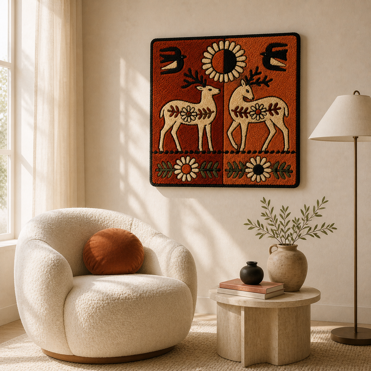 Hewn Earth Sun Deer Talisman wall art featuring a detailed sun and deer design on natural textured background.