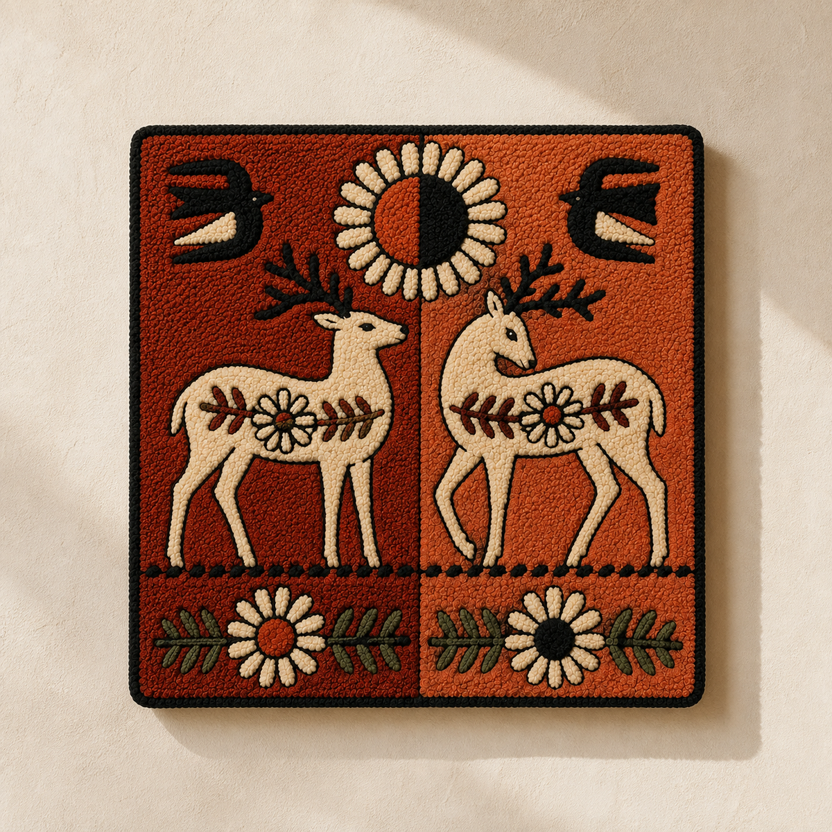 Hewn Earth Sun Deer Talisman wall art featuring a detailed sun and deer design on a natural background.