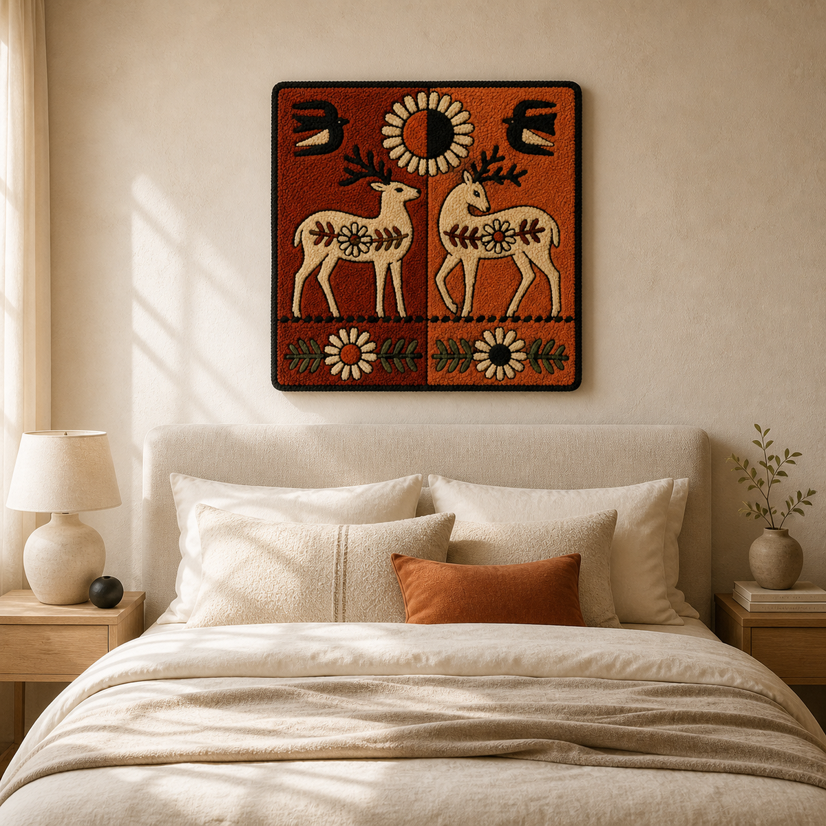 Sun Deer Talisman wall art by Hewn Earth featuring a detailed deer motif on a textured background.