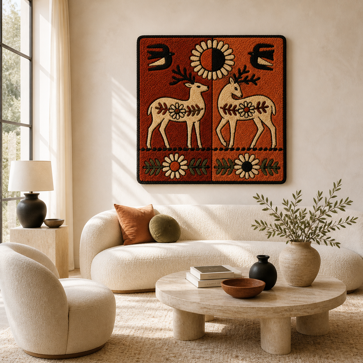 Sun Deer Talisman wall art by Hewn Earth, featuring a detailed sun and deer design on textured wall background.