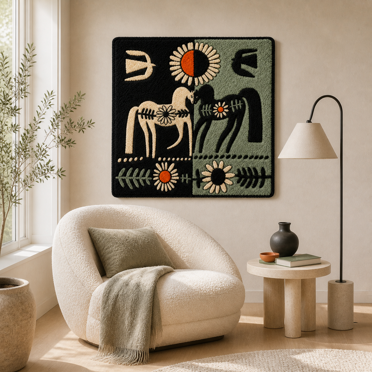 Hewn Earth Night Horse Talisman wall art featuring a detailed horse design on a textured background.