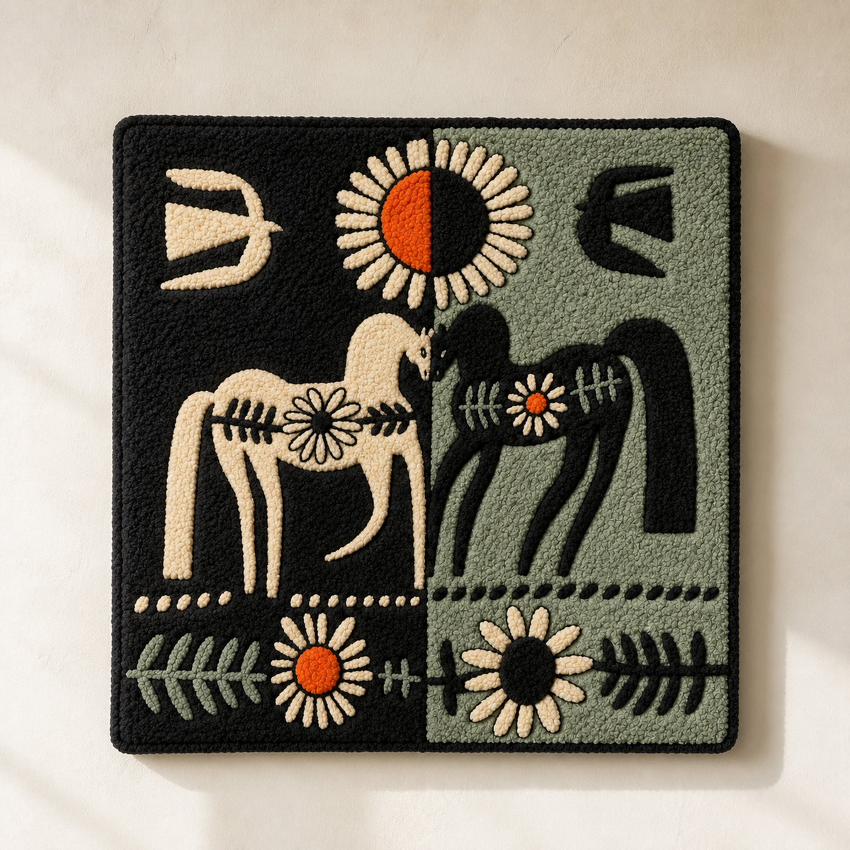 Night Horse Talisman wall art by Hewn Earth featuring a detailed horse design on a dark background.