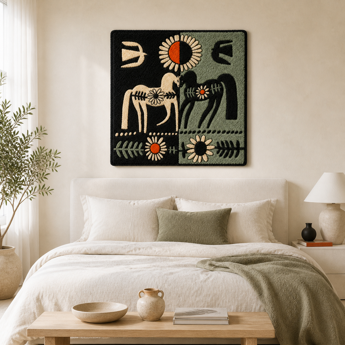 Hewn Earth Night Horse Talisman wall art featuring a detailed horse design on a textured background.