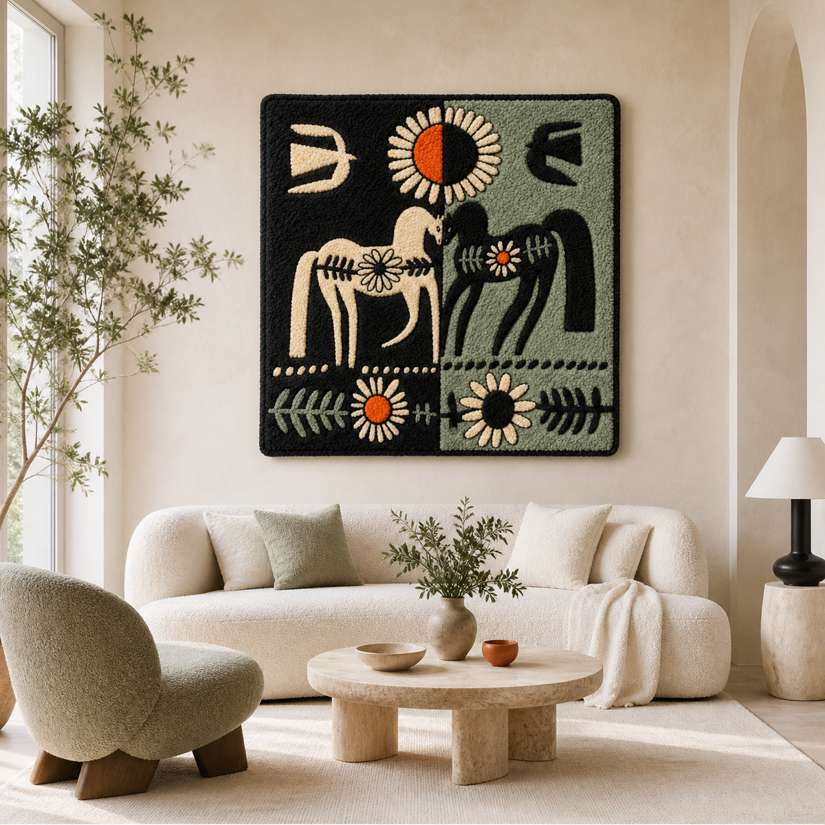Night Horse Talisman wall art by Hewn Earth featuring a detailed horse design on a textured background.