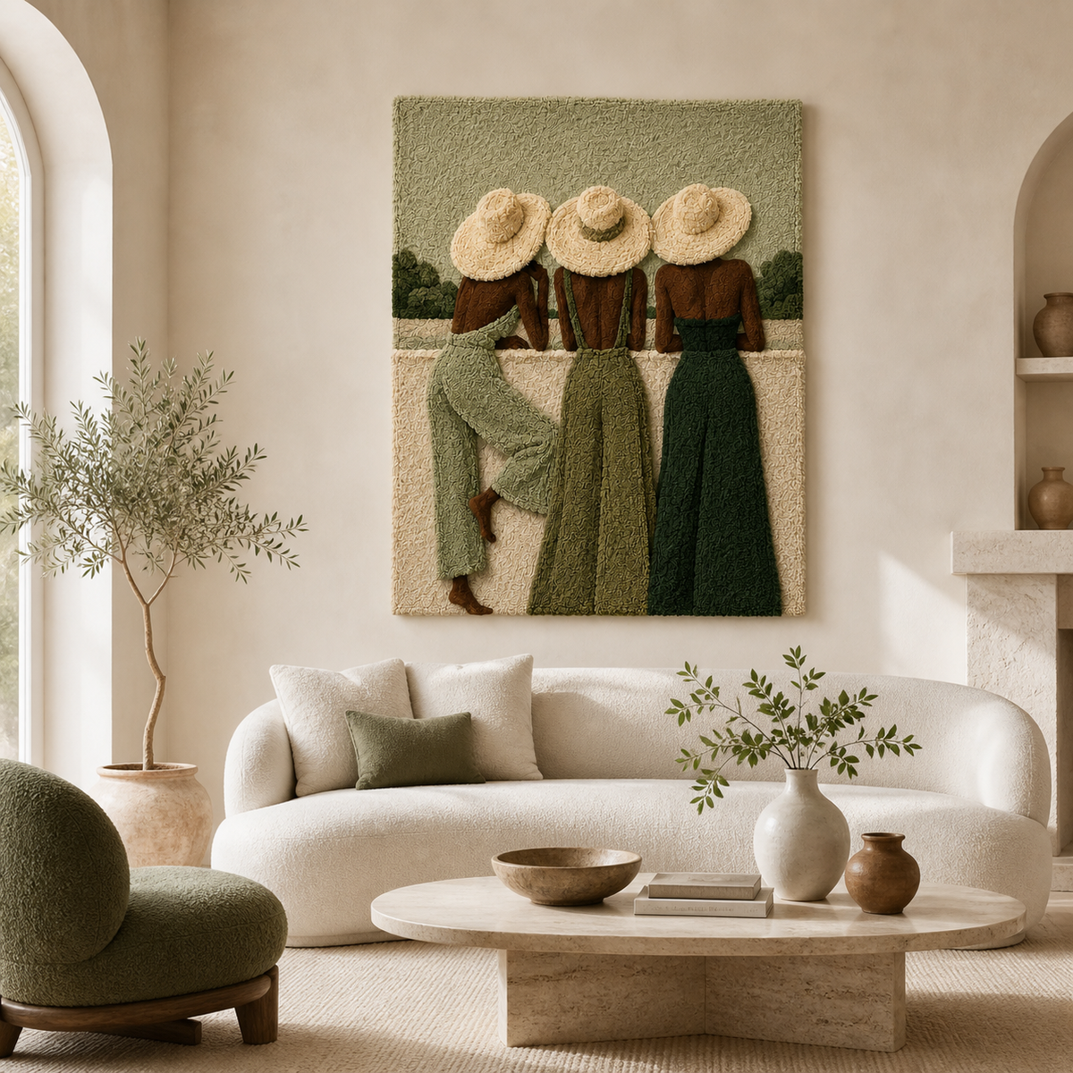 Hewn Earth wall art titled "Three Hats at Dusk" featuring a serene dusk scene with three hats, displayed as a decorative wall piece.