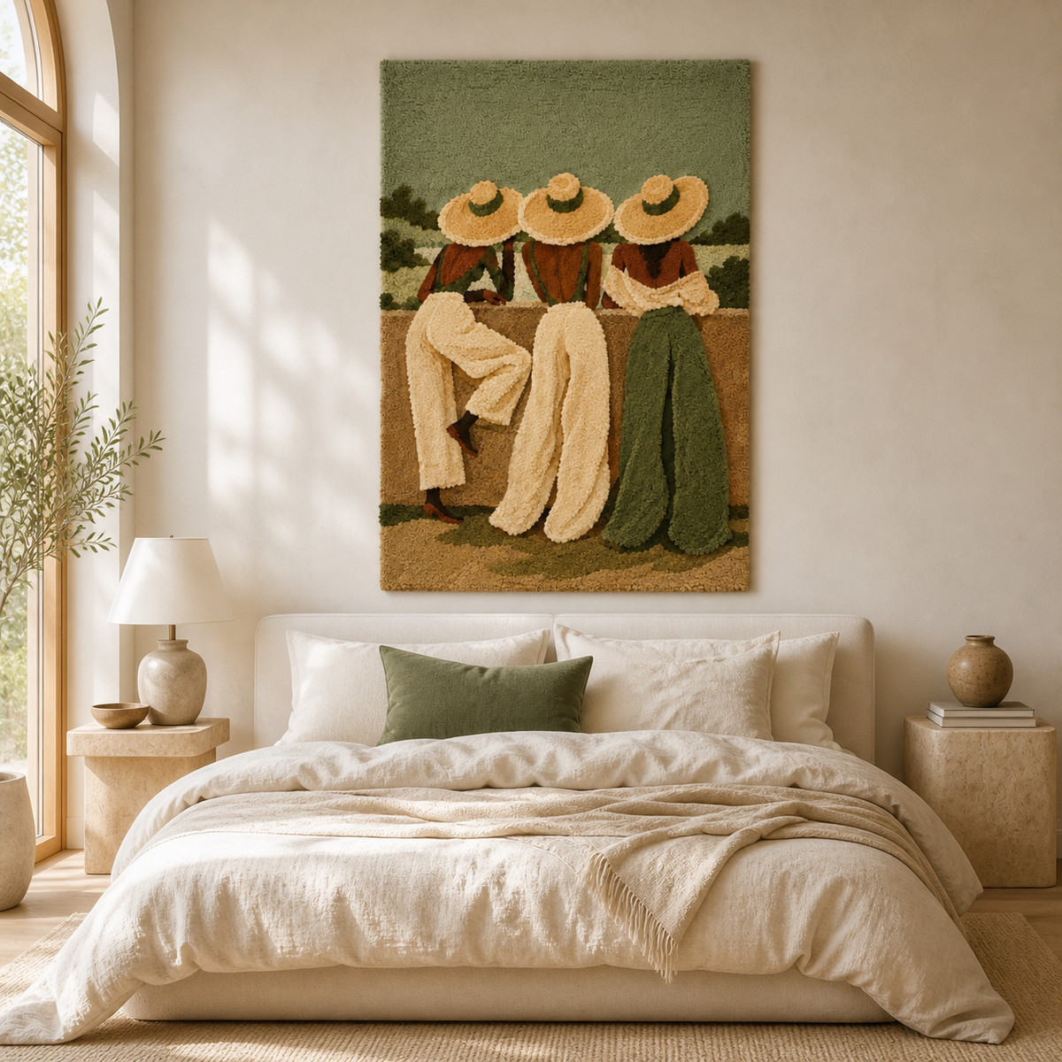 Three sage-colored wall art hats by Hewn Earth arranged decoratively in a room.