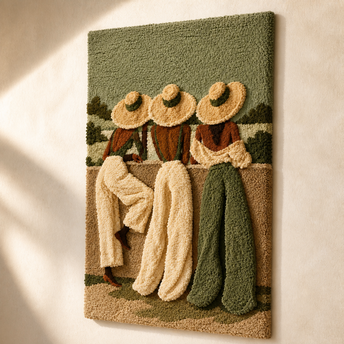Three sage-colored wall art hats by Hewn Earth, decorative wall decor with textured, artistic design.