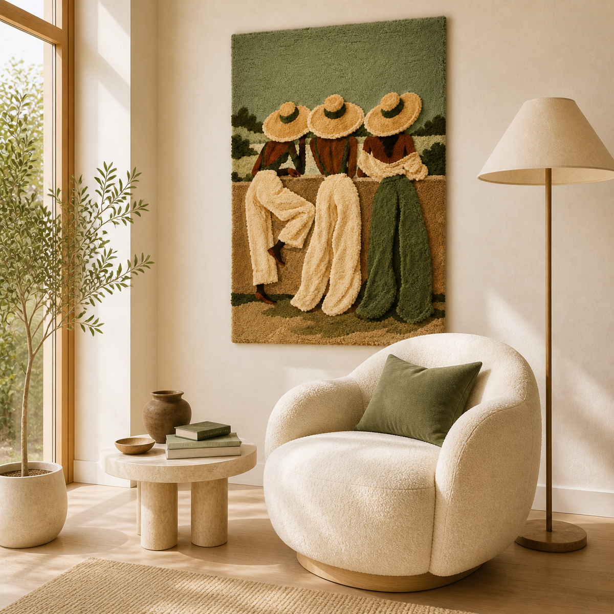 Three sage-colored wall art hats by Hewn Earth displayed as decorative wall decor in a modern home setting