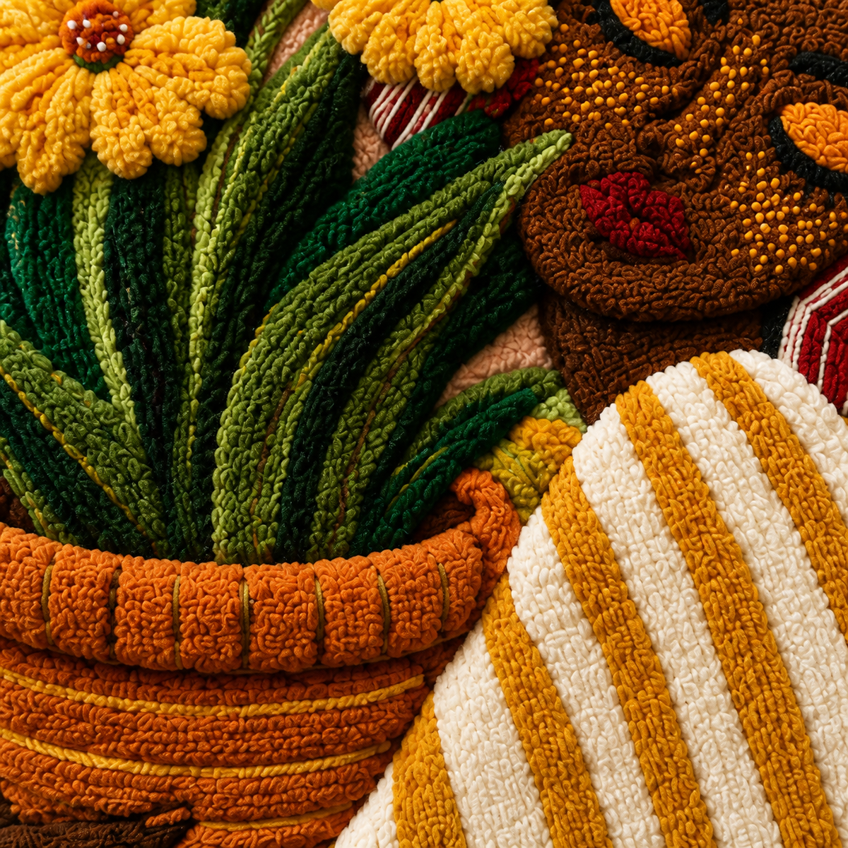 Close-up of Hewn Earth Marigold Offering wall art with intricate floral design and warm golden tones.