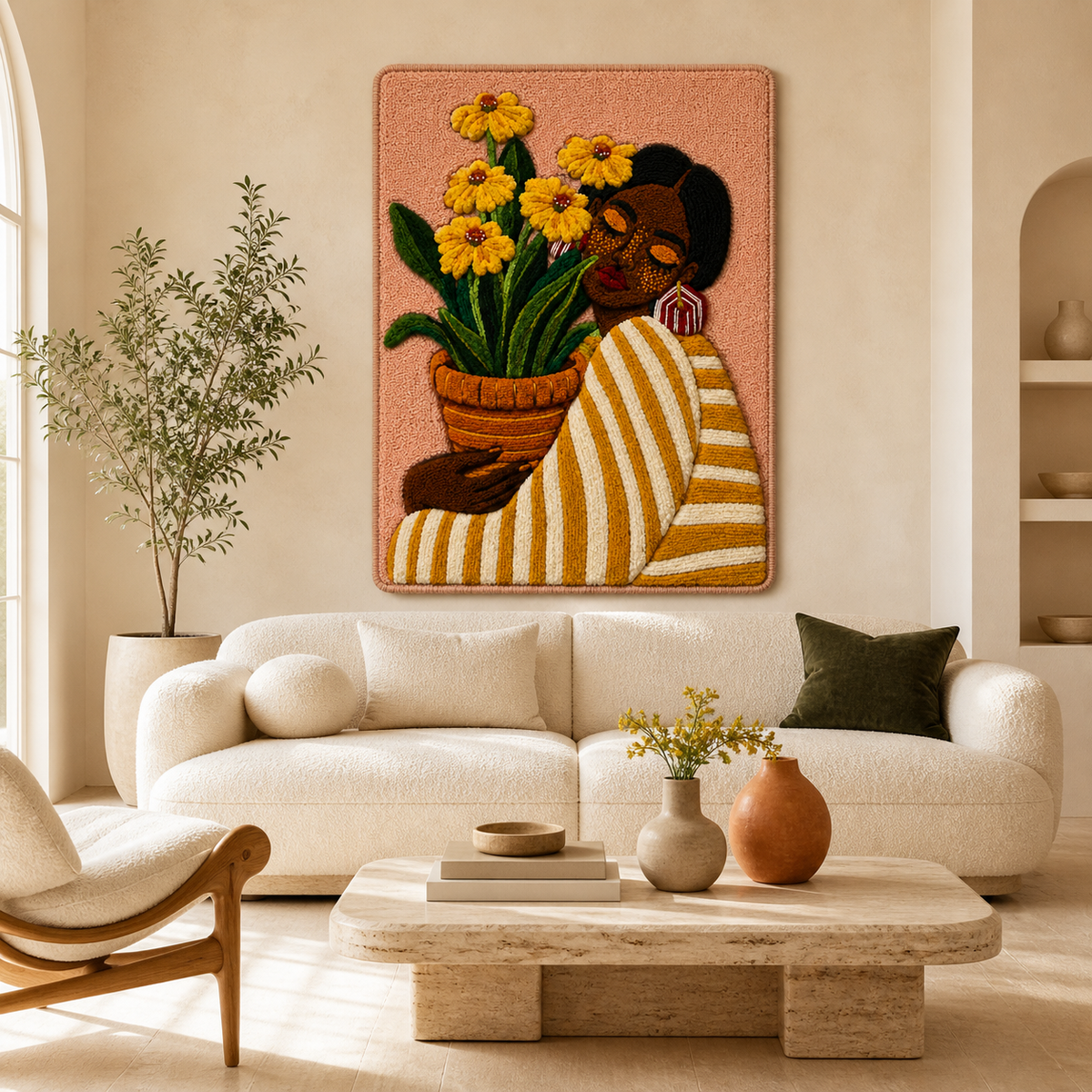 Hewn Earth Marigold Offering wall art featuring a vibrant marigold flower in a natural, artistic design.