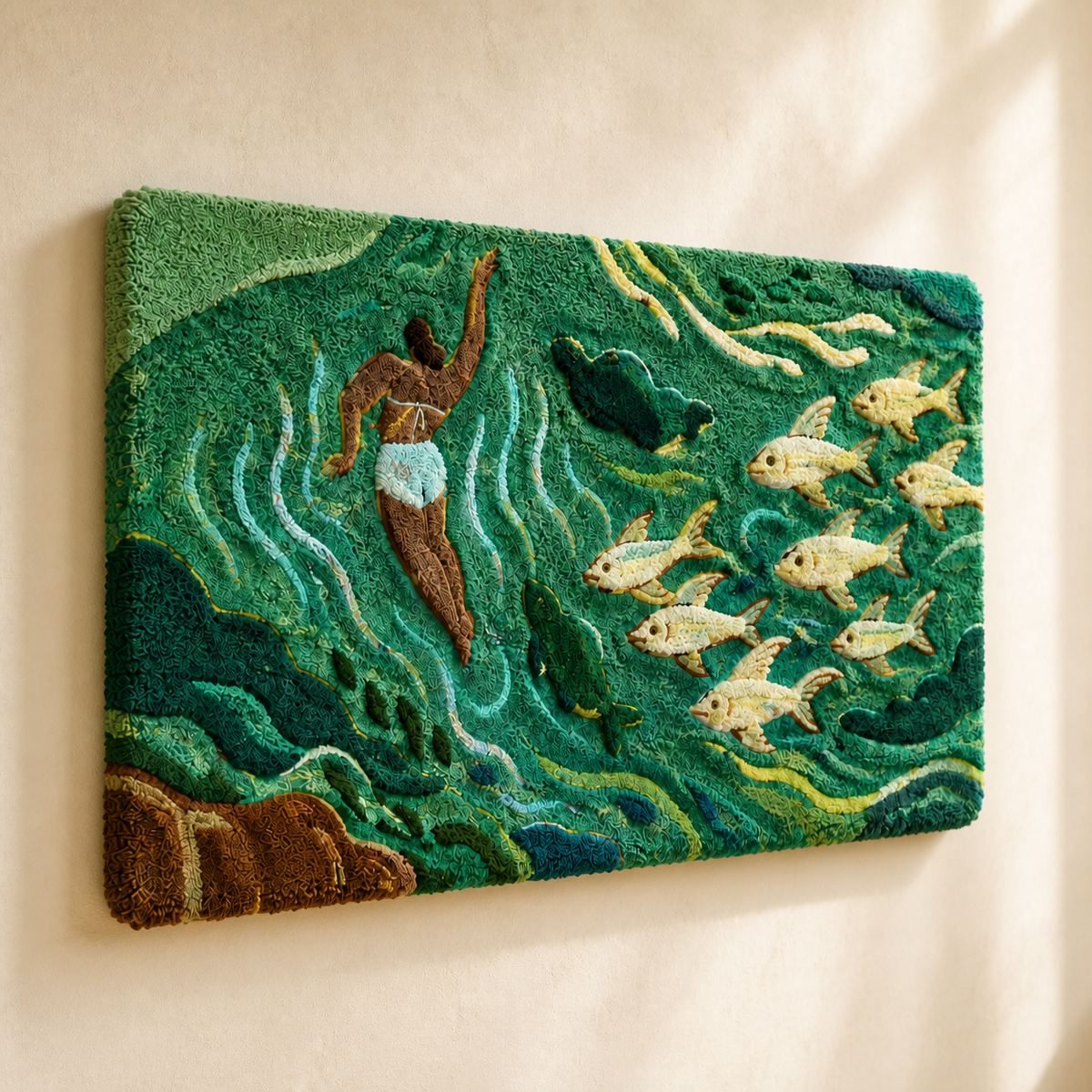 Hewn Earth River of Silver Fish wall art featuring a flowing design of silver fish against a neutral background.