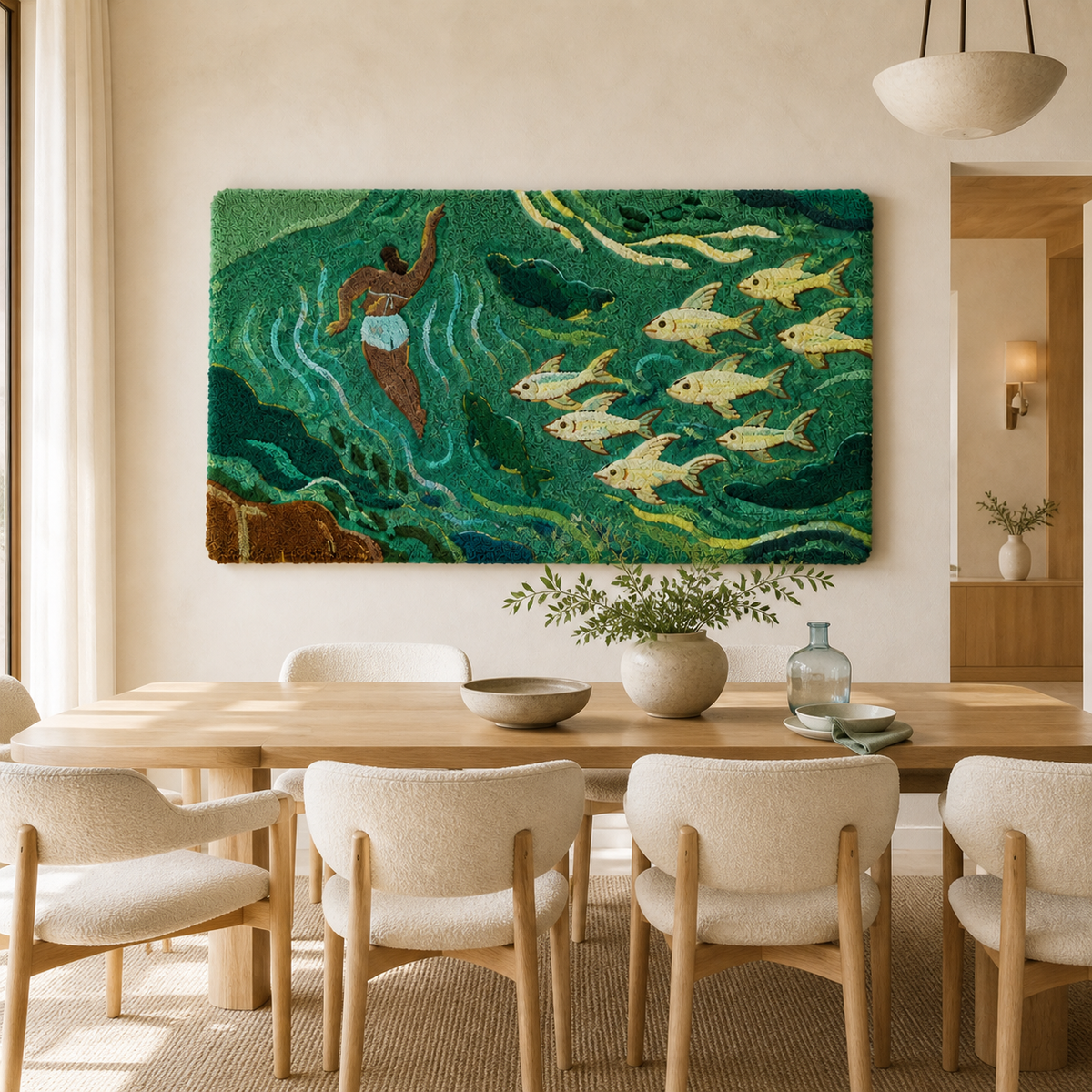 Hewn Earth River of Silver Fish wall art featuring a flowing silver fish design on a neutral background.