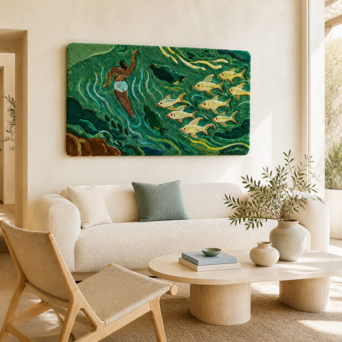 Hewn Earth River of Silver Fish wall art featuring silver fish swimming in flowing patterns on a textured background.