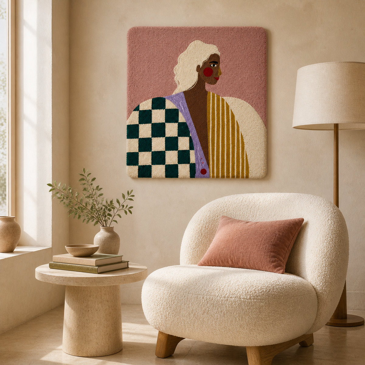 Checkered Muse Hewn Earth wall art featuring a modern black and white checkered geometric design on a canvas.