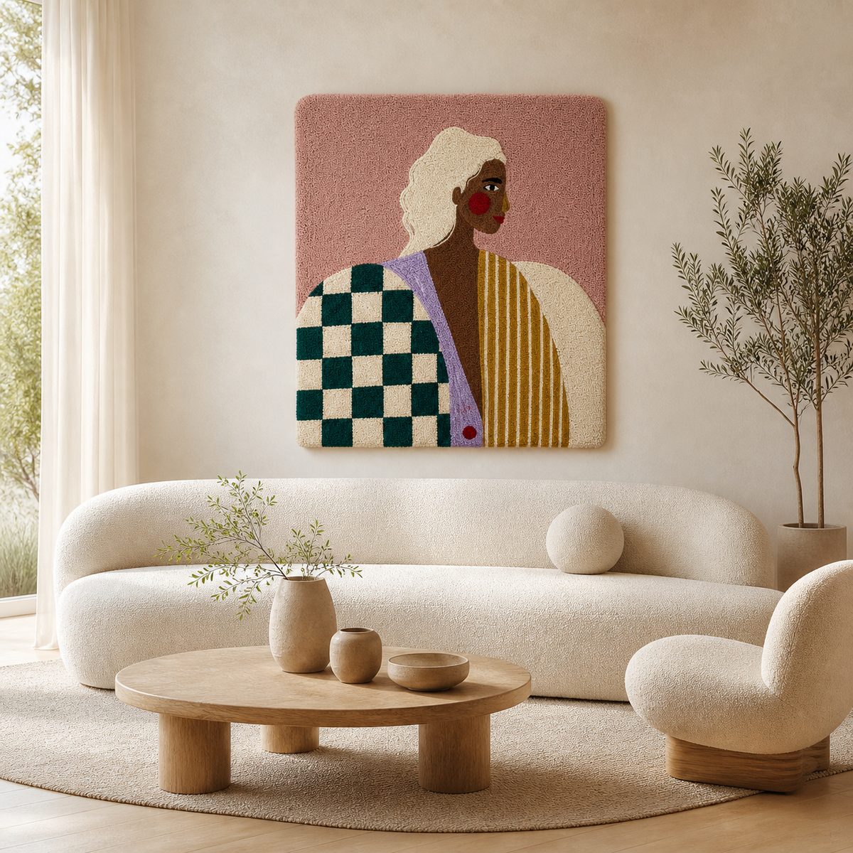 Hewn Earth Checkered Muse wall art featuring a modern checkered pattern in earthy tones, suitable for contemporary interior decor.