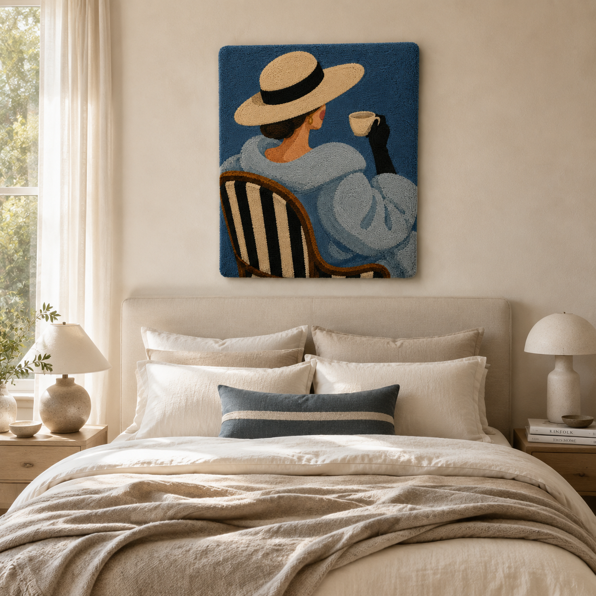 Blue Hat Reverie wall art by Hewn Earth featuring abstract blue and beige tones on textured canvas.