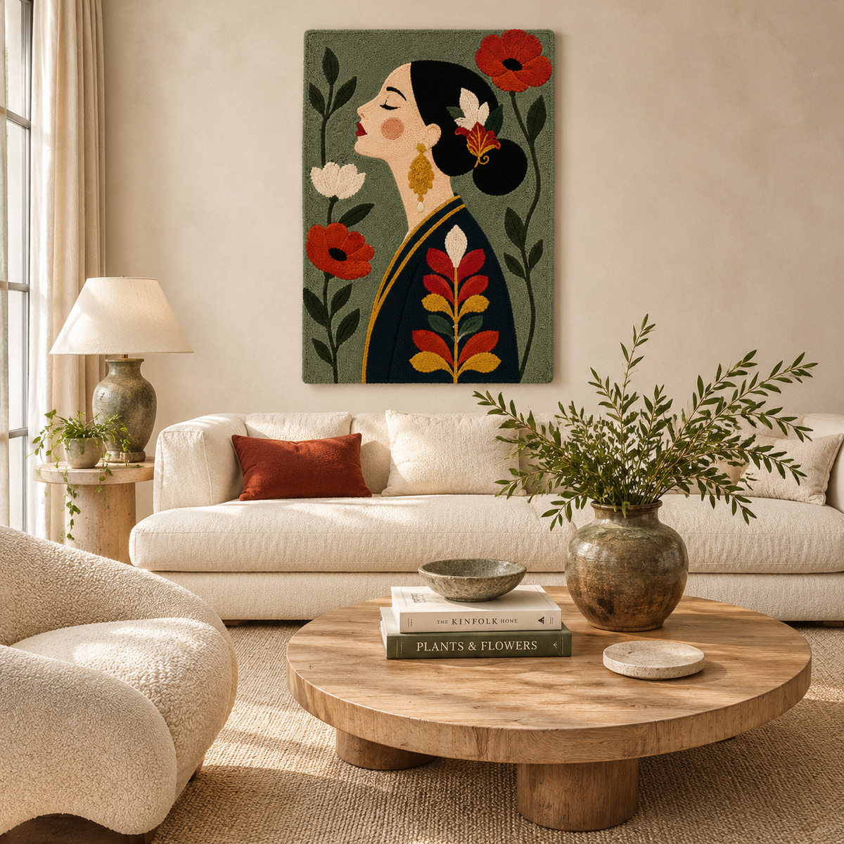 Hewn Earth Poppy Profile wall art featuring a detailed floral design displayed on a room wall.