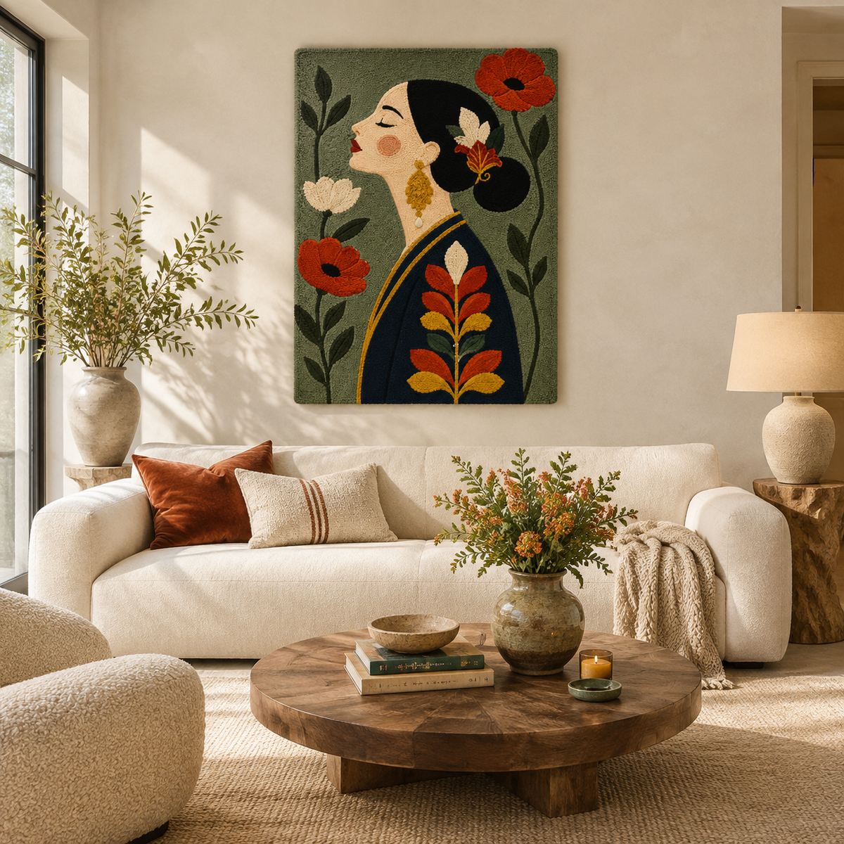 Hewn Earth Poppy Profile wall art, botanical illustration featuring a detailed poppy flower on a neutral background.