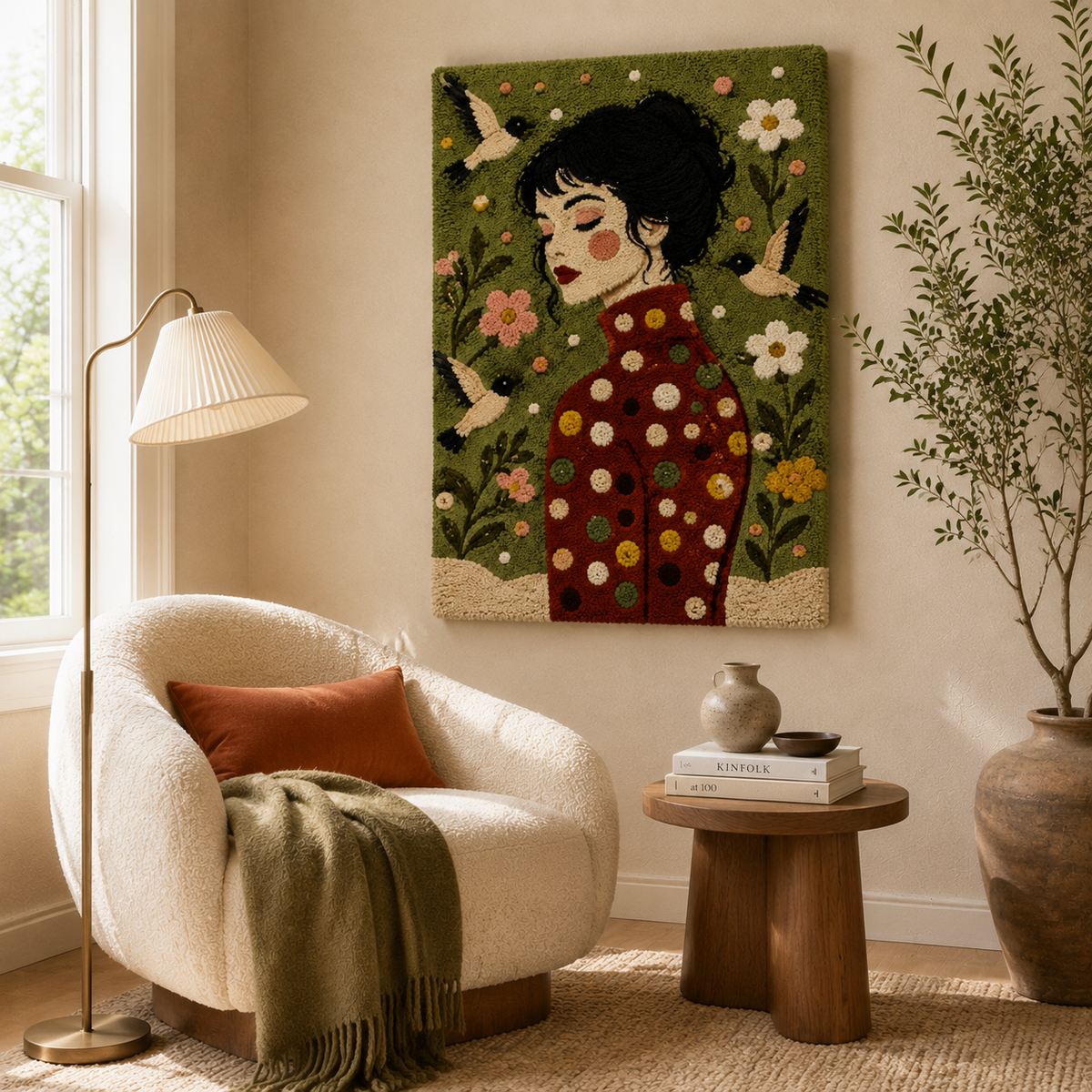 Daisy Polka Muse wall art by Hewn Earth, featuring a vibrant, floral-inspired abstract design displayed on a room wall.