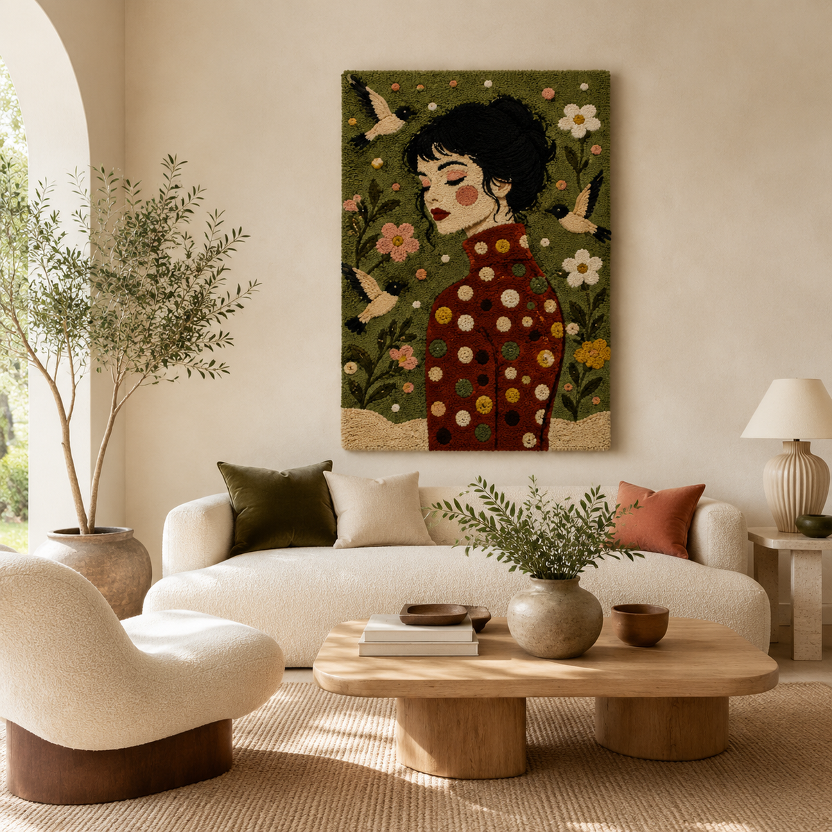 Hewn Earth Daisy Polka Muse wall art featuring a vibrant, colorful floral design on a neutral background.