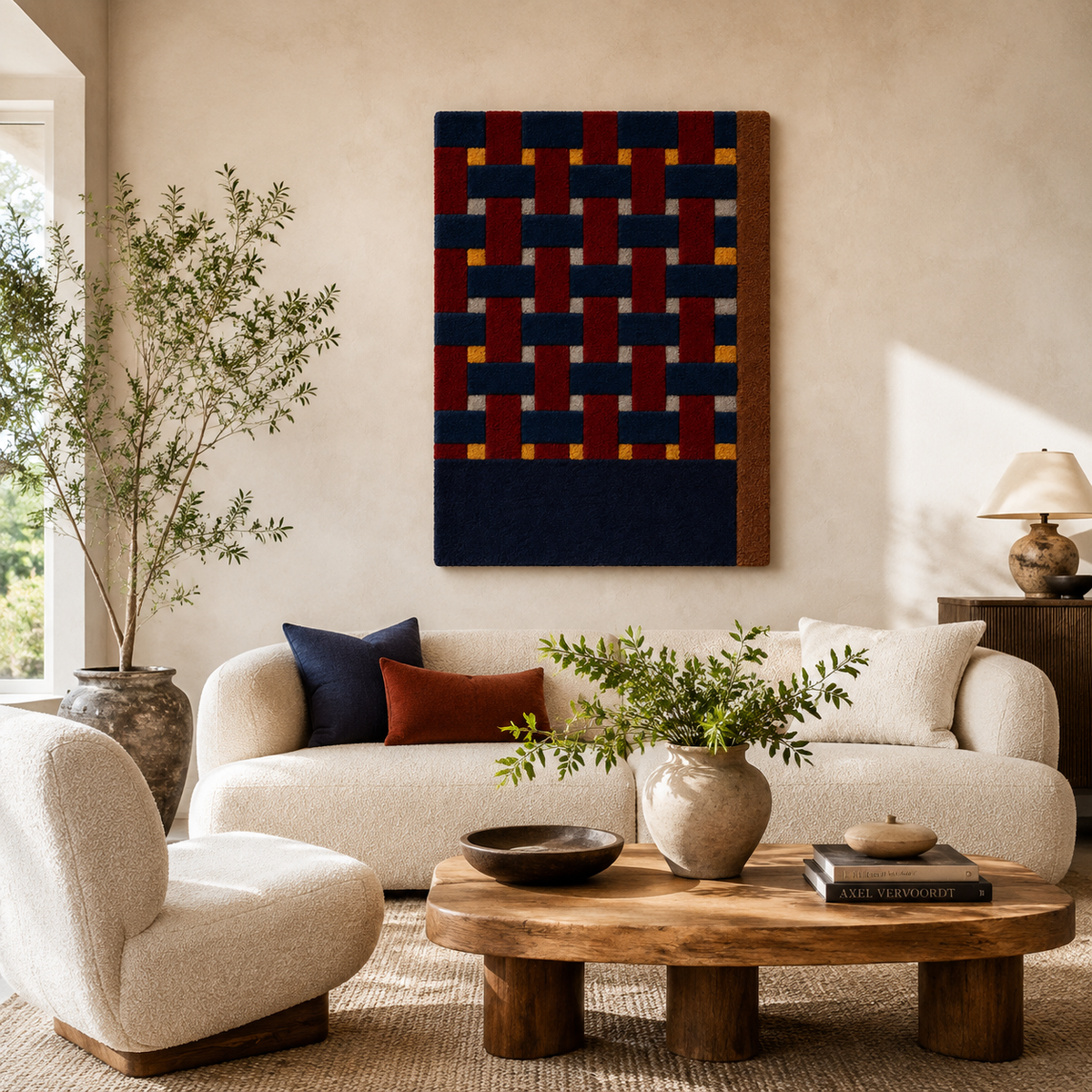Burgundy weave grid wall art by Hewn Earth, featuring a textured geometric design for modern interior decor.