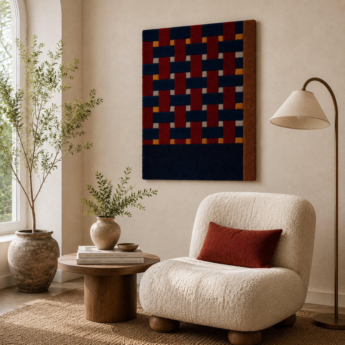 Burgundy weave grid wall art by Hewn Earth featuring a textured geometric design on a neutral background.