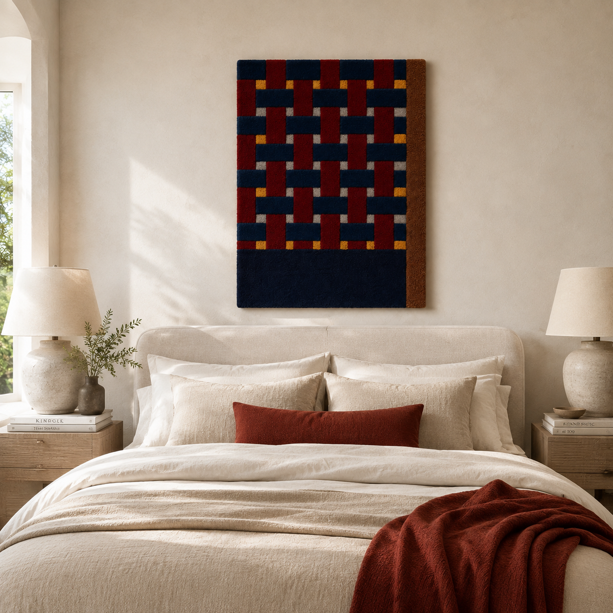 Burgundy weave grid wall art by Hewn Earth featuring a textured, geometric design on a neutral background.