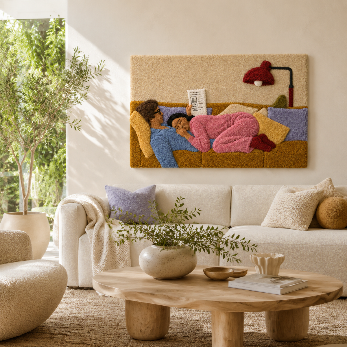 Hewn Earth Sunday Lamp Reader wall art featuring a modern, minimalist lamp illustration on a neutral background.