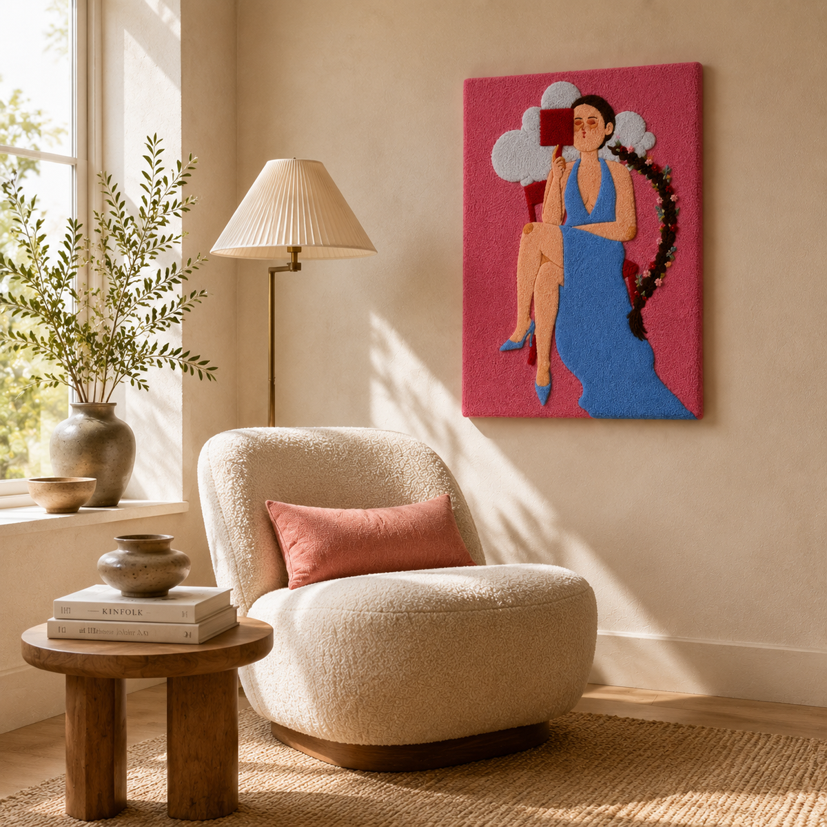 Hewn Earth Rose Atelier wall art featuring a vibrant, floral design with pink and green hues on a textured background.